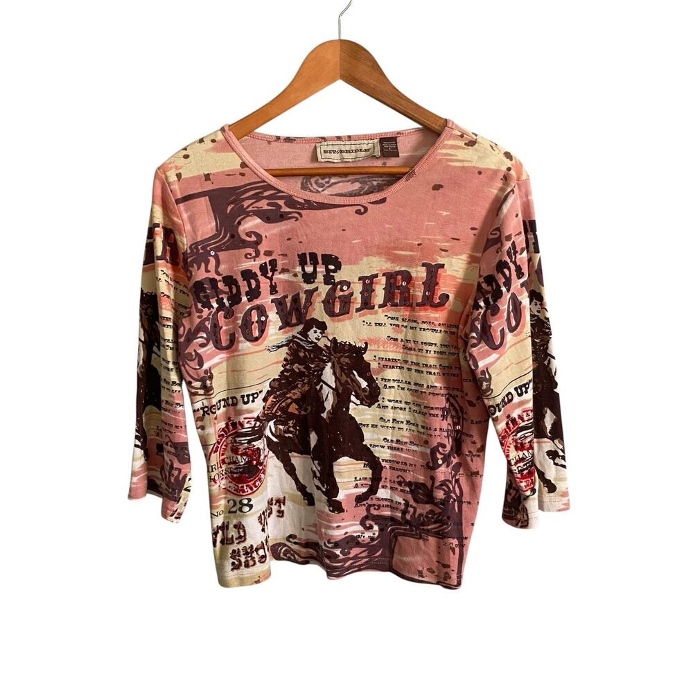 Y2K Bit & Bridle Giddy Up Cowgirl Cotton Top Large Country Rodeo Horse Western